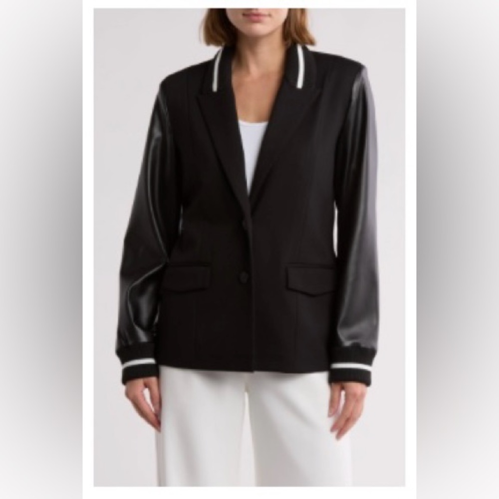 Laundry By Shelli Segal Black Blazer with Faux Leather Sleeves
